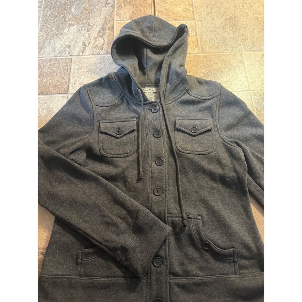 Olivia Sky Womens Charcoal Gray Button Front Hooded Sweatshirt Jacket Large L